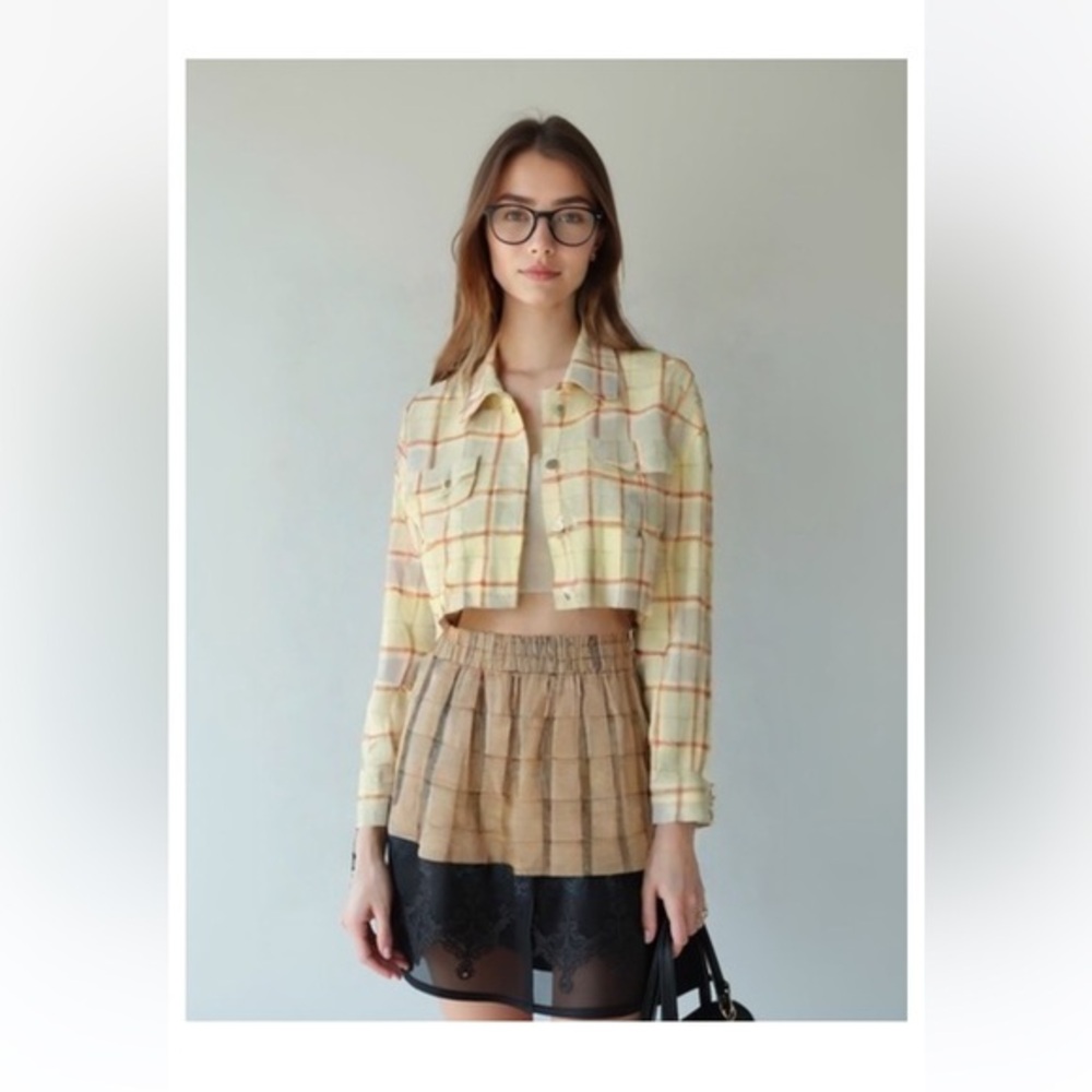 We Wore What Womens Button Front Plaid Cropped Denim Jacket Yellow Gray Size S